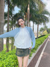 貓人冰感防曬衣女夏披肩短款可拆帽檐涼感皮膚風(fēng)衣防紫外線錦綸防曬服 KY1777S霜云白/淺蘭灰-女 M 曬單實拍圖