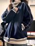 薇衣設(shè)2024韓版松弛感棒球服女休閑開(kāi)衫立領(lǐng)上衣春秋情侶款?yuàn)A克外套 藏青色 M 曬單實(shí)拍圖