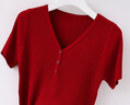 筱質(zhì)磐 春夏新款t恤女短袖韓版短款v領(lǐng)修身純色時(shí)尚冰絲打底針織百搭 紅色 L:建議105-120斤 曬單實(shí)拍圖