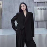 LISCN西裝套裝女大嫂2023秋冬新款大碼胖mm寬松減齡闊腿褲兩件套女裝 黑色[上衣+褲子+白色吊帶三件 L 101-120斤 曬單實(shí)拍圖