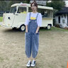 雅黛絲薇 休閑褲女裝2022夏季新款韓版學(xué)生寬松顯瘦時(shí)尚連體闊腿褲套裝女小個(gè)子九分直筒牛仔背帶褲女 牛仔藍(lán) S 曬單實(shí)拍圖