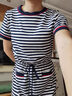 clotho Rennie品牌女裝條紋休閑連衣裙女2025夏季新款圓領(lǐng)中長(zhǎng)款收腰系帶T恤裙 圖片色 M 曬單實(shí)拍圖