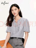 伊芙麗（eifini）伊芙麗荷葉邊立領系帶醋酸短袖襯衫女2023秋裝設計感上衣短褲合集 珍珠灰 襯衫 L 曬單實拍圖
