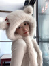 溪谷幽幽可愛(ài)狐貍耳朵毛絨帽子圍巾一體女冬季護耳保暖帽百搭學(xué)生圍脖防寒 米白色 均碼（56-58cm） 曬單實(shí)拍圖