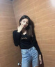 嫻柔黑色莫代爾打底衫女輕薄內搭春秋冬長(cháng)袖T恤女修身V領(lǐng)洋氣印花上衣 黑色 L 曬單實(shí)拍圖