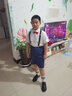 小熊精靈（xiaoxiongjingling）禮服胖童男童小西服加肥加大西裝夏主持人演講短袖兒童背帶褲套裝 百褶襯衫+藍格短褲+襪子背帶領(lǐng)結 150 碼(建議體重90-102斤) 曬單實(shí)拍圖