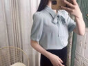 婭麗達法式優(yōu)雅可拆卸飄帶短袖襯衫女夏季新款雪紡衫襯衣 藍色(B0) M 曬單實拍圖
