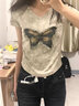 美式復古扎染蝴蝶短袖t恤女夏季設計感小眾收腰修身短款正肩上衣 卡其色 M 曬單實拍圖