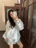 LDBE奶fufu連帽衛衣女上衣秋冬新款小狗刺繡寬松加絨加厚慵懶開(kāi)衫外套 奶藍色 L（95-115斤） 曬單實(shí)拍圖