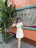 糖力【商場同款】夏季新款短袖連衣裙女提花緞面收腰顯瘦裙子 杏色 S 曬單實拍圖
