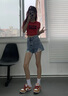 紅蜻蜓破洞牛仔短褲女2025年夏季新款女裝跨腳毛邊高腰顯瘦辣妹女士熱褲 復(fù)古藍(lán) L 曬單實(shí)拍圖