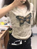 美式復古扎染蝴蝶短袖t恤女夏季設計感小眾收腰修身短款正肩上衣 卡其色 M 曬單實拍圖