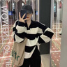 羅蒙（ROMON）慵懶風(fēng)條紋翻領(lǐng)毛衣女秋冬2025年新款韓版寬松外穿套頭針織衫上衣 黑色 L -90-115斤 曬單實(shí)拍圖