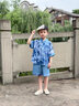 綴櫻漢服男童唐裝短袖山水織色2024夏季新款復(fù)古明制上衣中式套裝服飾 藍(lán)色 90 曬單實(shí)拍圖