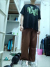 益帛（YIBO）休閑褲男夏季薄款日系簡約寬松舒適潮流慵懶風(fēng)直筒系帶長褲子男 咖色 L【建議110-125斤】 曬單實拍圖