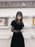 AUI氣質(zhì)黑色絲絨假兩件連衣裙女秋2022年新款設(shè)計感長袖蕾絲拼接裙子 黑色 S 曬單實拍圖