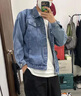 gxmy高街牛仔夾克外套男生休閑套裝春秋季新款痞帥寬松衣服男裝三件套 【2件套】牛仔夾克藍(lán)+牛仔褲黑灰 XL 曬單實拍圖