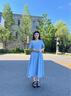 獨(dú)束大碼女裝氣質(zhì)簡約立體花連衣裙女夏裝新款收腰A字中長款裙子 柔和藍(lán) M (尺碼：1) 曬單實(shí)拍圖