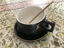 Mongdio咖啡杯套裝陶瓷掛耳美式杯碟拿鐵杯下午茶杯碟 裂痕黑（4杯4碟4勺+金架） 220ml 曬單實(shí)拍圖