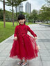 小咔衣濃女童紅色主持人禮服裙花童婚紗兒童長(cháng)袖生日鋼琴演出服公主裙秋冬 酒紅色長(cháng)袖長(cháng)款（加絨） 120 曬單實(shí)拍圖