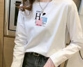 ESCURLTF長(cháng)袖t恤女秋冬季新款韓版打底衫時(shí)尚百搭寬松女裝純棉上衣T恤 羽毛--白色 L 105--130斤 曬單實(shí)拍圖