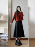 妃莉杋（FeiLiFan）秋冬連衣裙女裝2024新款氣質(zhì)顯瘦紅色圣誕毛呢外套內搭裙子三件套 紅色外套+黑色半身裙 M 【80-105斤】 曬單實(shí)拍圖
