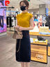 皮爾卡丹（pierre cardin）半高領(lǐng)打底針織衫夏薄款短袖t恤女港風2025夏季新款時尚氣質(zhì)上衣 黃色 L 曬單實拍圖