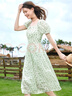 百圖betu女裝夏新款連衣裙法式拉鏈碎花短袖雪紡連衣裙女2307T69 綠色 L 曬單實拍圖
