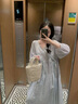 LISCN新中式國風(fēng)盤扣連衣裙女春夏季藍(lán)色v領(lǐng)小個子高級感長裙氣質(zhì)裙子 藍(lán)色連衣裙  M 95斤-110斤 曬單實拍圖