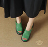 奢馳路易（SECHILOUIS）百搭復古舒適透氣法式?jīng)鲂吨悍筋^拼色一字扣帶粗跟高跟鞋女 淺綠色 35 225mm 曬單實拍圖