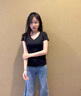 雅鹿雙v領(lǐng)短袖t恤女夏季新款棉質(zhì)低領(lǐng)露背修身顯瘦正肩打底半袖上衣 黑色 L 曬單實(shí)拍圖