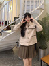 紫涵甜美套裝2件套冬季蝴蝶結(jié)大翻領(lǐng)大衣短裙學(xué)院制服 米色 M 曬單實拍圖