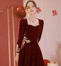 皮爾卡丹（pierre cardin）23年新款敬酒服新娘紅色結婚冬季高端絲絨訂婚禮服裙長(cháng)袖感秋冬女 酒紅色 3XL 曬單實(shí)拍圖