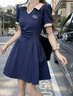DXOT大碼polo領(lǐng)連衣裙女春夏新款微胖妹妹減齡收腰A字顯瘦學(xué)院風(fēng)長裙 藏藍(lán)拼杏（長款） M 建議85-100斤 曬單實(shí)拍圖