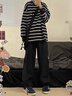 肯奈迪條紋撞色長袖t恤男2024春秋季新款美式復古青少年重磅寬松上衣服 藏青色-純棉長袖T恤-白條紋款 3XL 【170-180cm】 曬單實拍圖