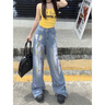 POUM男裝聯(lián)名涂鴉闊腿牛仔褲男女2024新款潮流設計感休閑直筒寬松褲子 CRB-B26藍色 L 曬單實(shí)拍圖