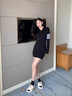 她芙（tafu）品牌女裝連帽長(cháng)袖連衣裙女2025春秋新款針織修身顯瘦包臀短裙子 黑色 M 曬單實(shí)拍圖