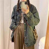 莫代爾美式做舊牛仔外套女2025春秋新款潮流寬松休閑百搭時(shí)尚夾克上衣 復古藍 M 100-115斤 曬單實(shí)拍圖