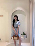 TAOROUSI連衣裙女夏季新款女裝韓版百搭中長款收腰顯瘦遮肚娃娃領(lǐng)短袖裙子 短款裙(送腰帶) L 建議100-120斤 曬單實拍圖