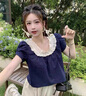 鹿依檸休閑褲女夏季2025新款女裝韓系時尚減齡甜美風顯瘦百搭闊腿褲套裝 藏青上衣+杏色褲子 M 曬單實拍圖