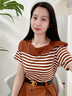 薇洛萱設(shè)計感小眾方領(lǐng)拼接條紋假兩件連衣裙女2025夏季收腰顯瘦裙子2821 咖啡色 M 建議90-102斤 曬單實拍圖