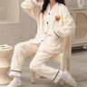 浪莎（LangSha）秋冬新款情侶加厚加絨珊瑚絨V領(lǐng)保暖簡(jiǎn)約睡衣家居服套裝可外穿 小香風(fēng)帶帽熊米白+深灰 M 女 80-100斤 曬單實(shí)拍圖