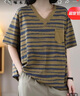 啄木鳥(niǎo)大碼純棉條紋短袖女V領(lǐng)休閑百搭寬松遮肉顯瘦氣質(zhì)文藝夏季T恤上衣 土黃條 4XL 160-185斤 曬單實(shí)拍圖