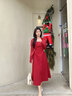 DPLAY2025秋季法式方領(lǐng)紅色連衣裙鎏光紗長(cháng)袖訂婚禮裙紅裙禮服 長(cháng)款美背-復古紅 M 曬單實(shí)拍圖