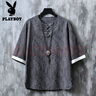 花花公子（PLAYBOY）亞麻短袖t恤男唐裝薄款中國風(fēng)男裝古風(fēng)茶服寬松大碼古裝盤扣透氣 YM612灰藍(lán)色 2XL 曬單實(shí)拍圖