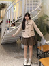 紫涵甜美套裝2件套冬季蝴蝶結(jié)大翻領(lǐng)大衣短裙學(xué)院制服 米色 M 曬單實拍圖