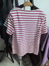 哈吉斯（HAZZYS）女裝 夏季款條紋顯瘦上衣休閑圓領(lǐng)短袖t恤女ASTSE03BE53 梅紅色RF L (165/88A 40) 曬單實(shí)拍圖