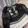 BJHG不計后果秋毛呢PU皮拼接夾克男女高街國潮寬松繡花棒球服休閑外套 黑色 L  (120-140斤） 曬單實(shí)拍圖