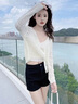莜仙格2025春夏季新款開(kāi)衫薄款外套女長(cháng)袖短款鏤空披肩女薄款外搭上衣女 杏色 S 建議 80-100斤左右 曬單實(shí)拍圖