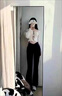 LPOX西褲女秋季垂直筒細喇叭褲拖地版型修身褲顯瘦高腰休閑百搭褲 黑色 S 曬單實拍圖
